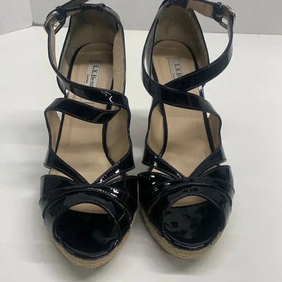 Lk Bennet Maggie Sandal Wedge Espadrilles Patent Leather Heels Black 39.5 US 9 - Picture 3 of 11